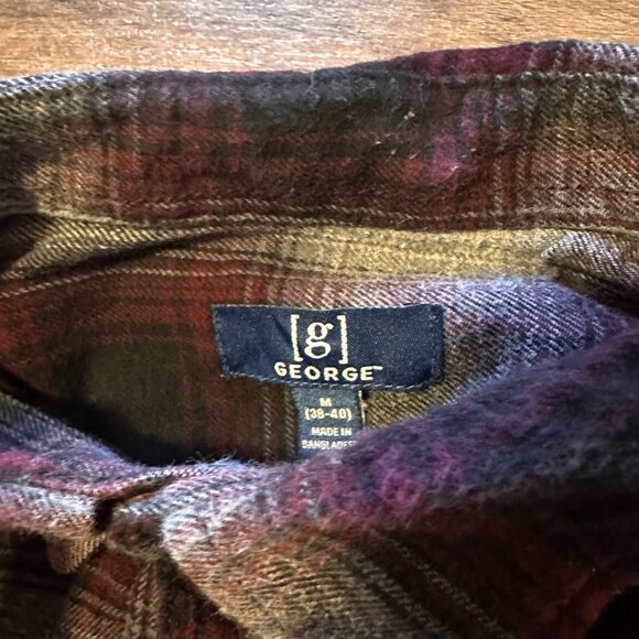 George Casual Button Down Mens Medium Gray Plaid Rugged Flannel Shirt - Picture 2 of 5